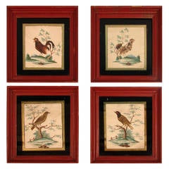 Group of Four Watercolors of Birds Made with Feathers
