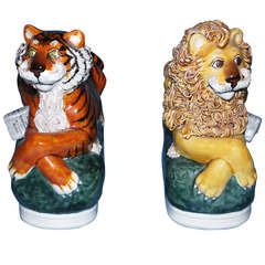 Vintage Charming Stafforshire Style Lion and Tiger Ceramic Figurines