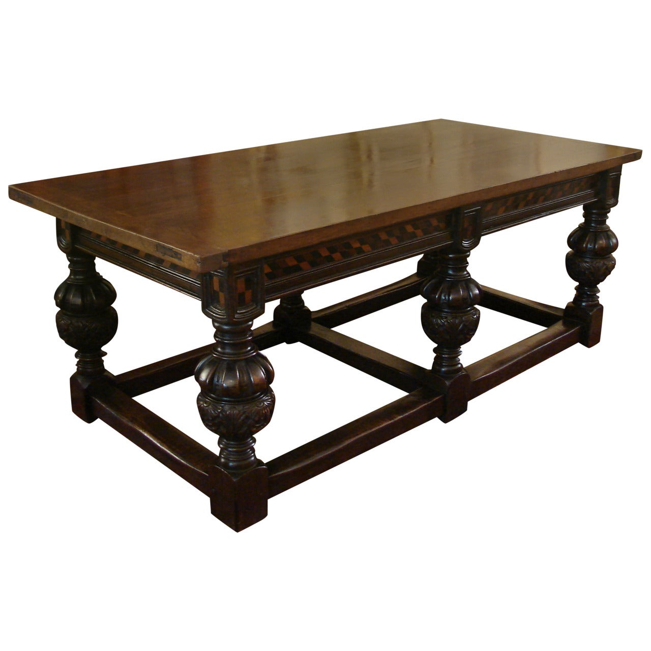 English Elizabethan Style Inlaid Oak Refectory Table