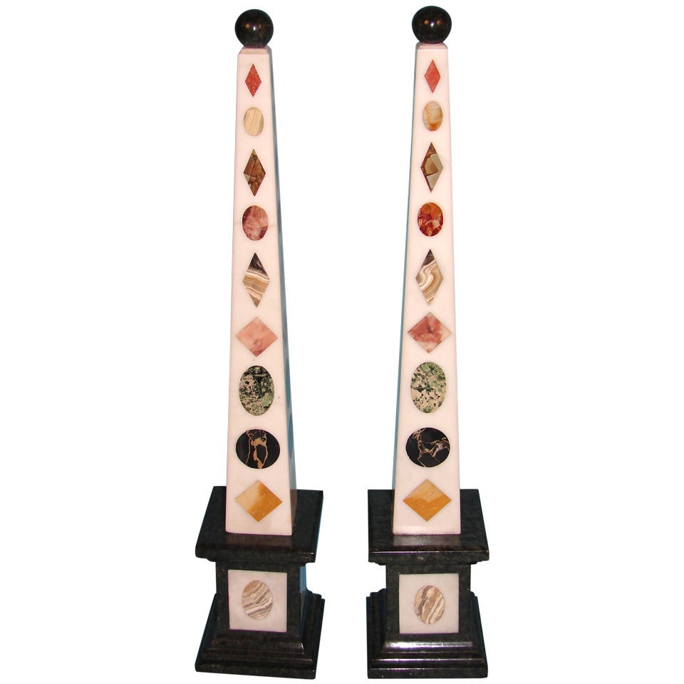 Pair of Italian Specimen Marble Obelisks