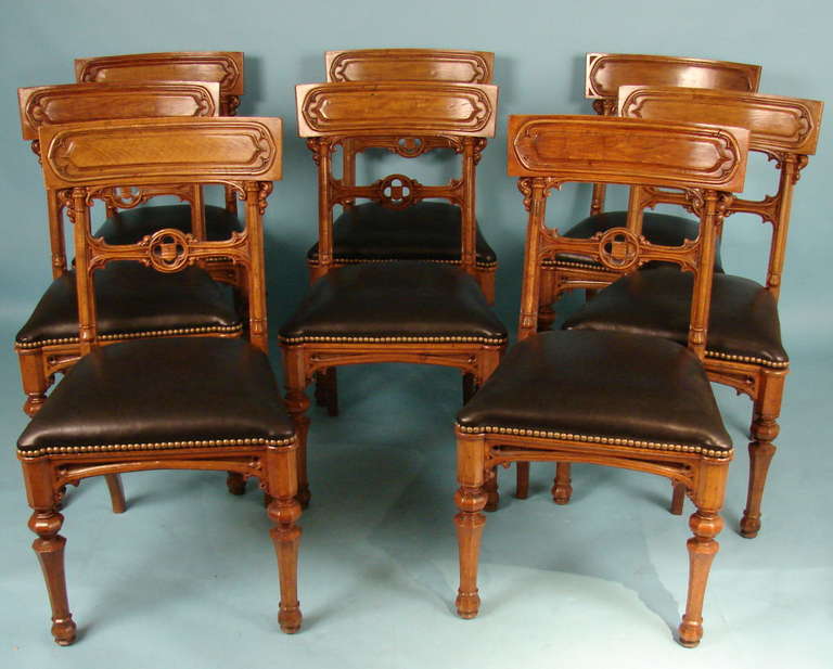 Unusual Set of 8 Gothic Revival Oak Chairs with American Flag