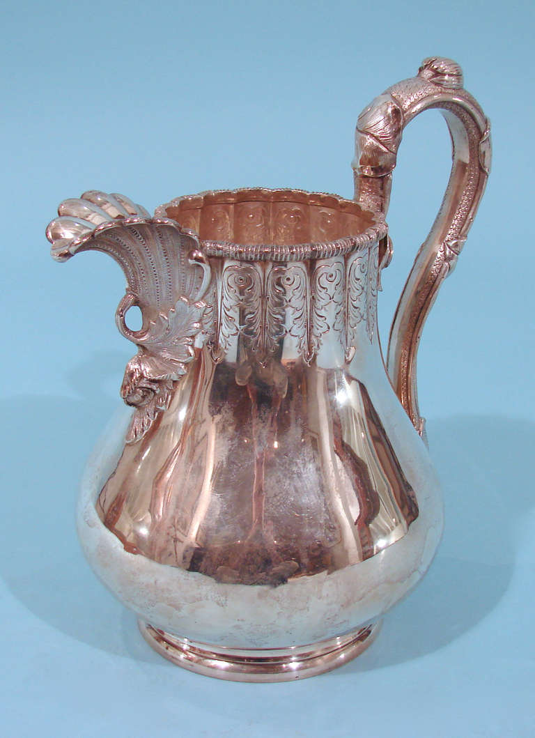 An American sterling silver pitcher  made by Grosjean & Woodward, retailed by Hayden & Whilden, Charleston.  Circa 1855. Monogrammed. Weight 31 troy oz.
