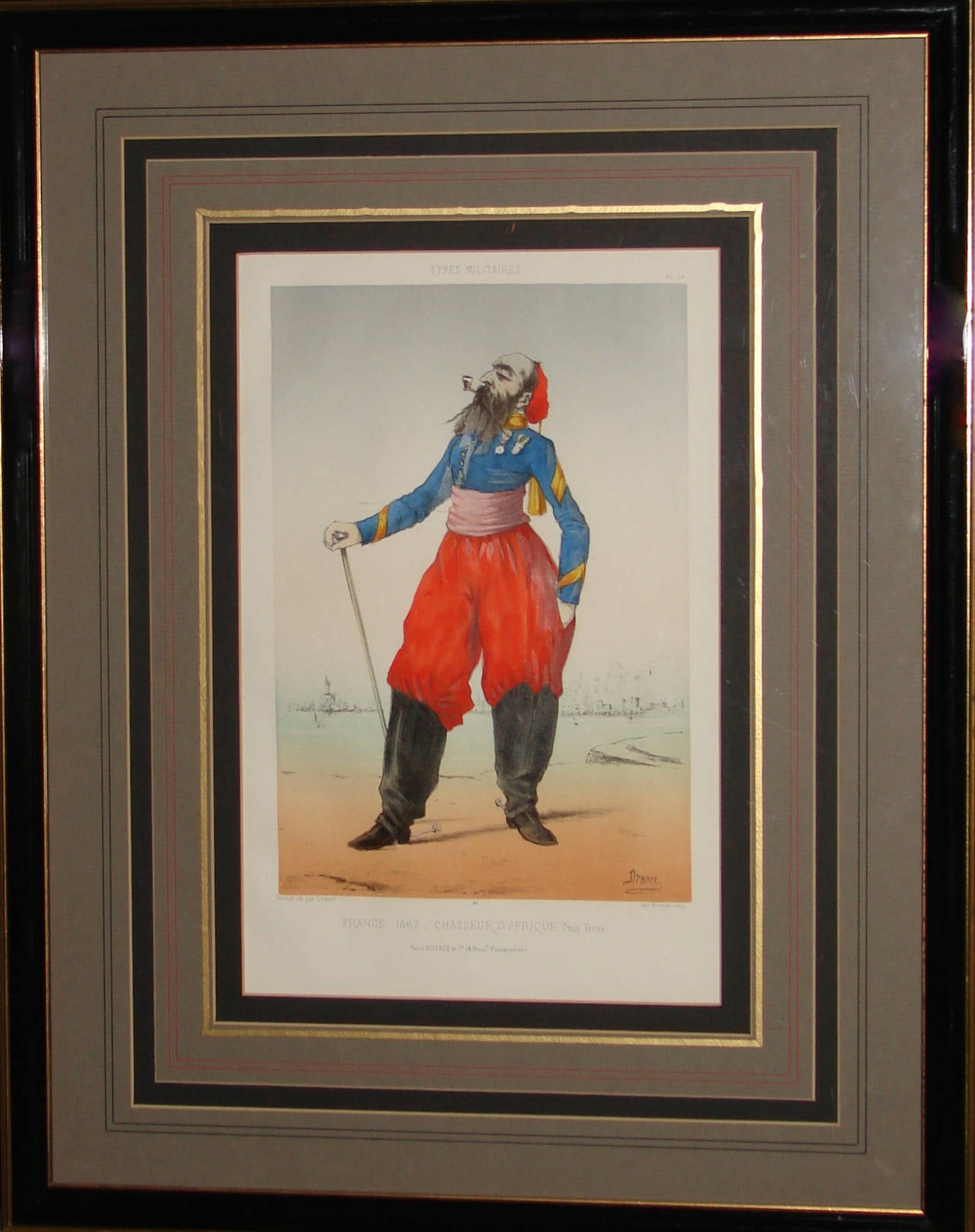 An amusing set of four Belgian matted, framed and glazed colored lithographic caricatures after Jules J. G. Renard, (known as Draner), depicting officers from France, Belgium, Austria and Italy, circa 1870.