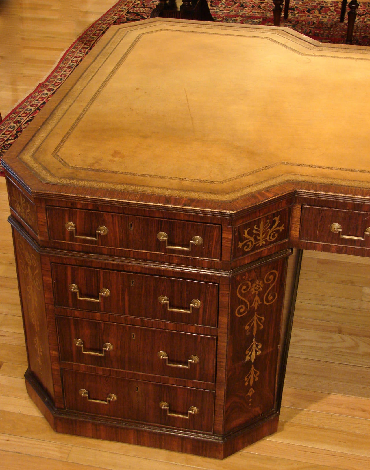 Veneer Important Large English Rosewood Brass Inlaid Partners Desk