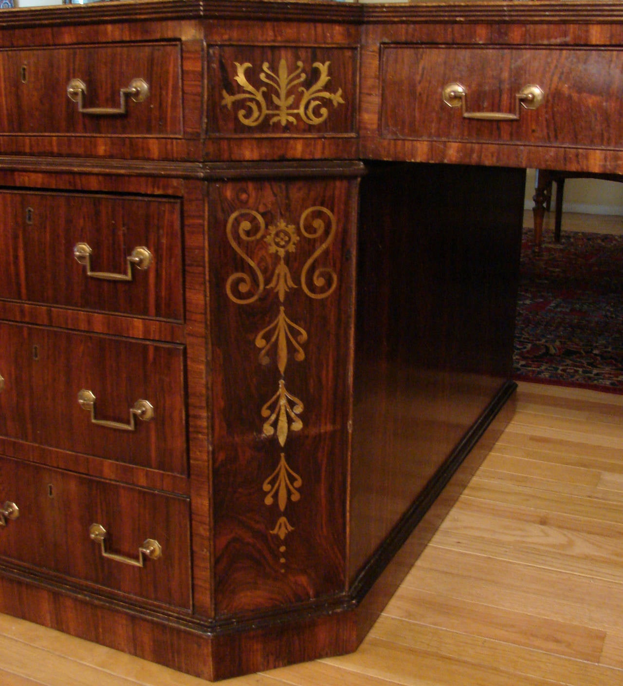 Oak Important Large English Rosewood Brass Inlaid Partners Desk