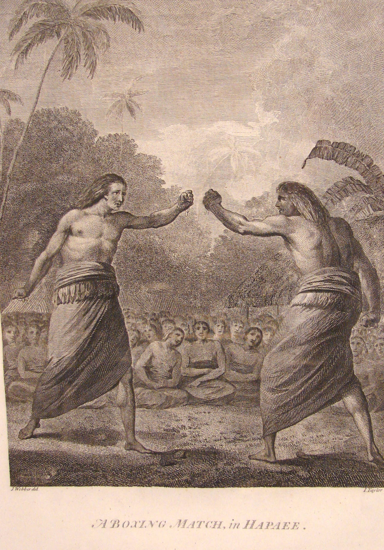 J. Webber: A boxing match in Hapaee (Hawaii). An original copper plate engraving on paper depicting a boxing match as witnessed during Cook's third voyage. John Webber was the official artist on Cook's final voyage through the Pacific and his