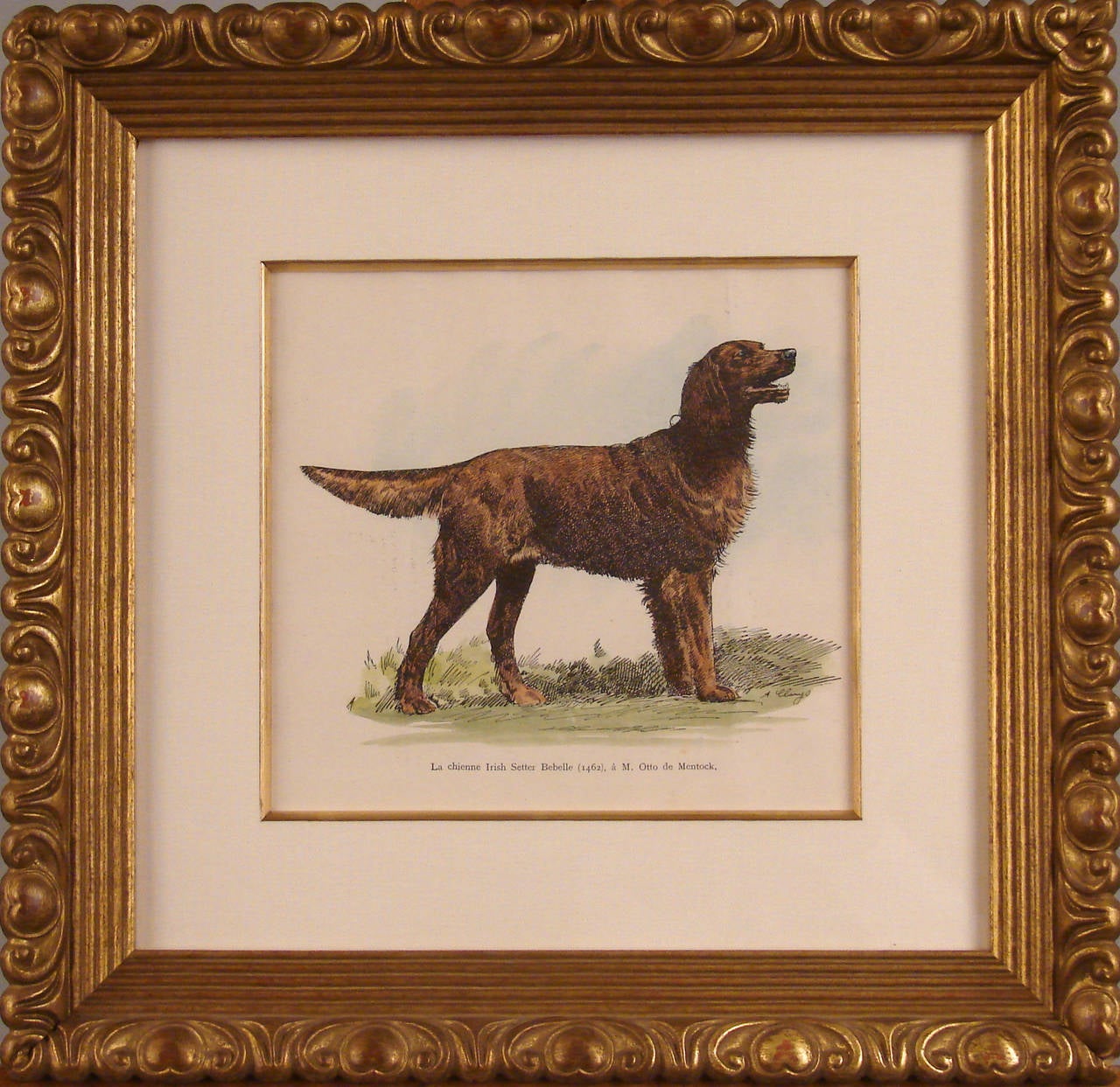 A pleasing group of six late 19th century French colored engravings depicting the following breeds of dogs: Bloodhound, Irish setter, English bulldog, St. Bernard, Bedlington terrier and a Fox terrier. Various artists and dates. Very well framed and