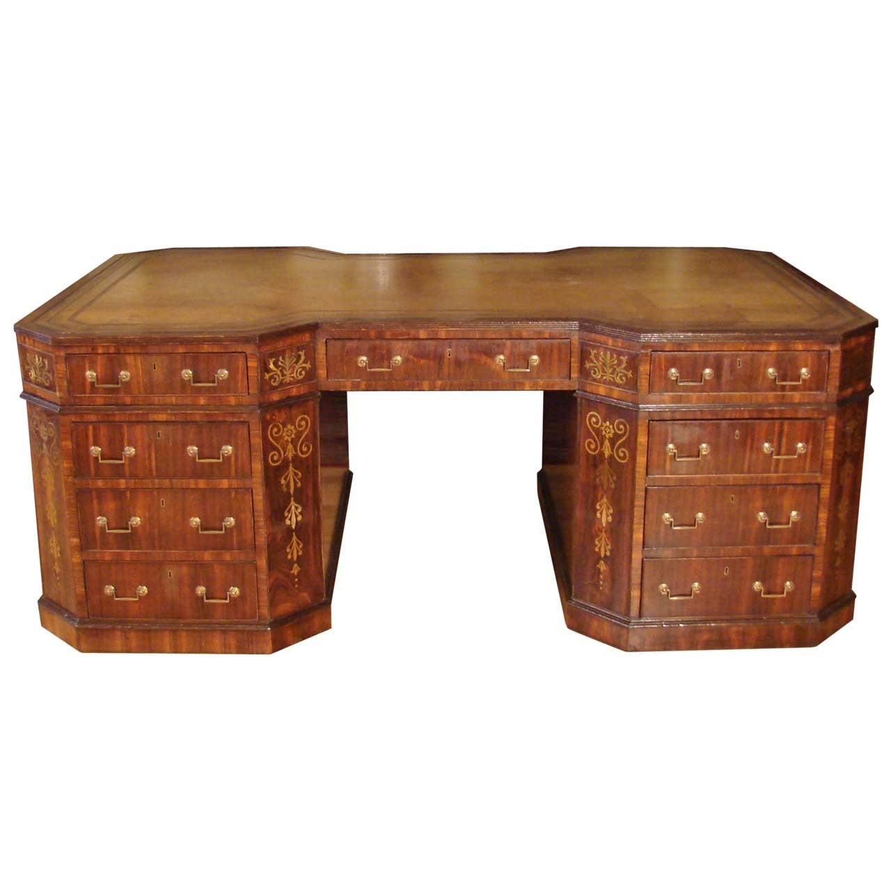 Important Large English Rosewood Brass Inlaid Partners Desk