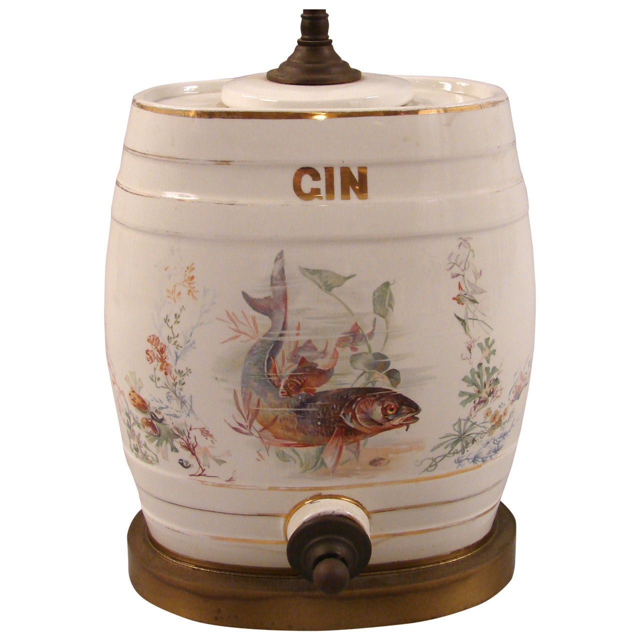 English Victorian Porcelain Gin Dispenser with Trout Decoration
