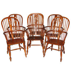 Antique Assembled Set of 6 English Elm Windsor Highback Armchairs