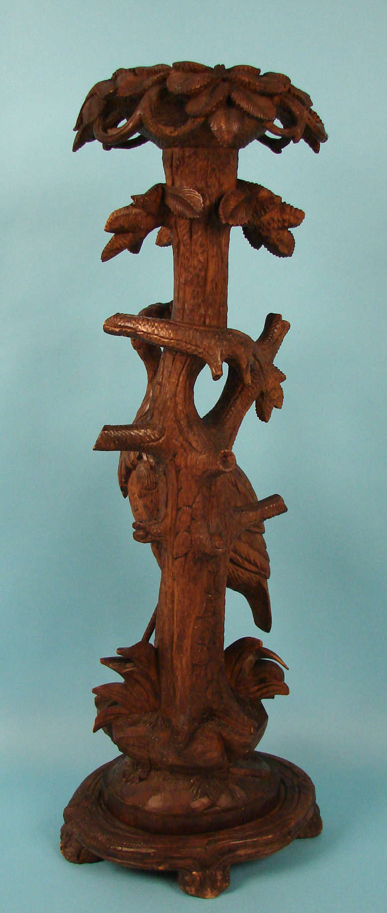 Swiss Black Forest Carved Ibis Torchere or Plant Stand