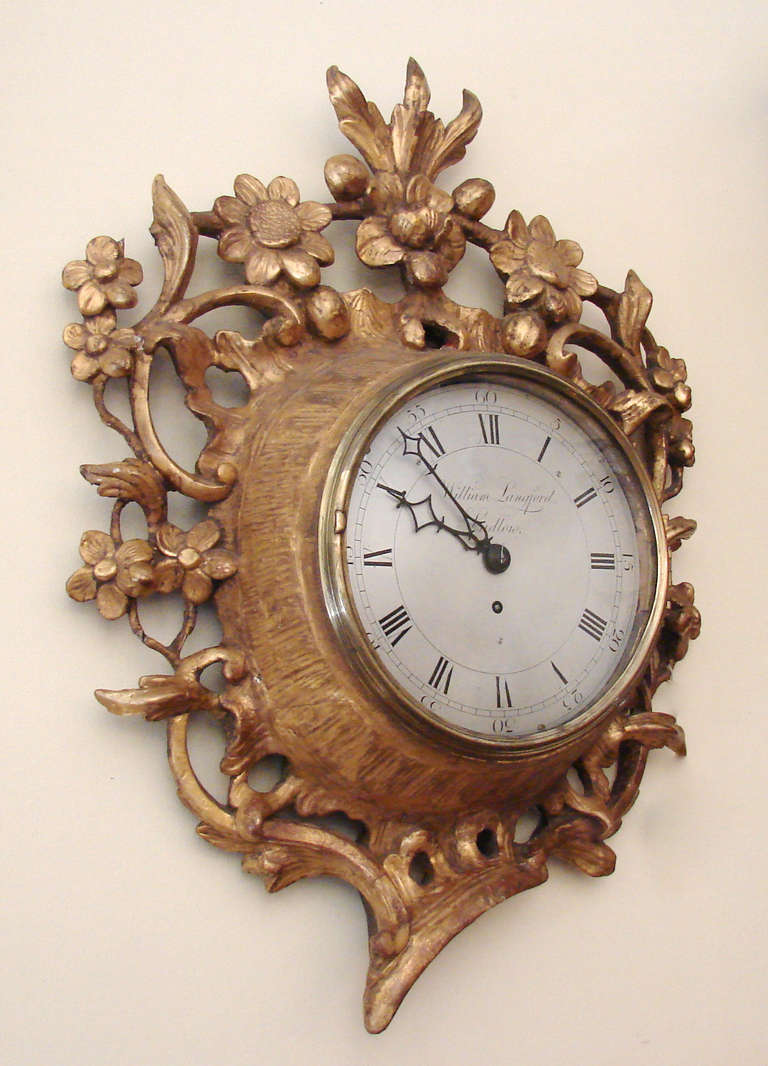 Rococo English Carved Giltwood Cartel Clock By William Langford