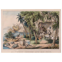 Antique Amusing Currier and Ives Print, "Robinson Crusoe and His Pets"
