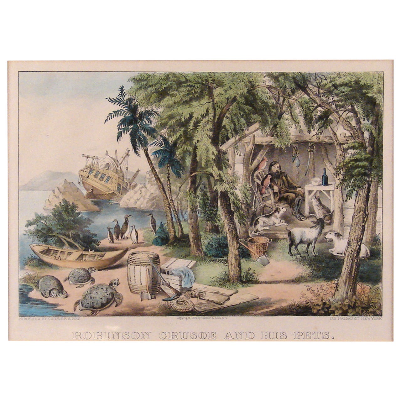 Amusing Currier and Ives Print, "Robinson Crusoe and His Pets"