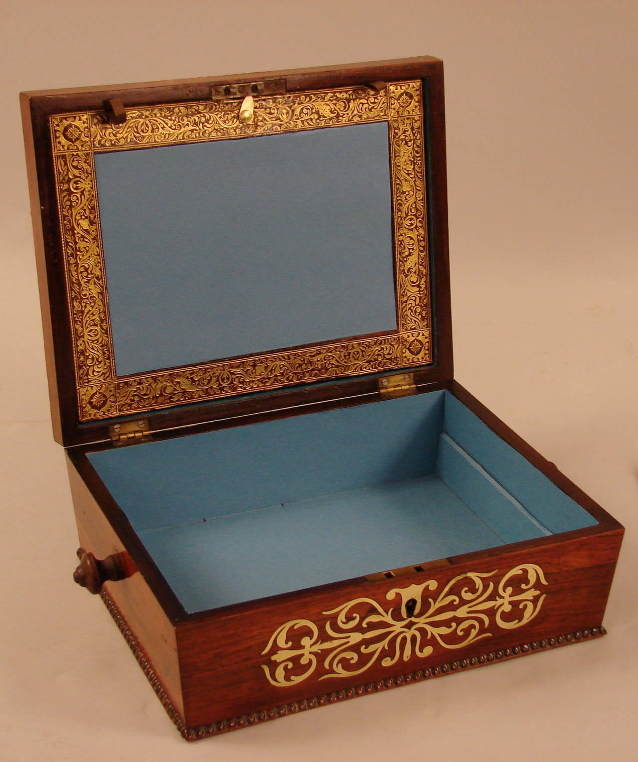 Late Regency Rosewood Brass Inlaid Sewing Box In Excellent Condition In San Francisco, CA