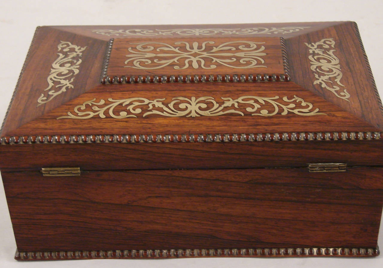 Late Regency Rosewood Brass Inlaid Sewing Box 1