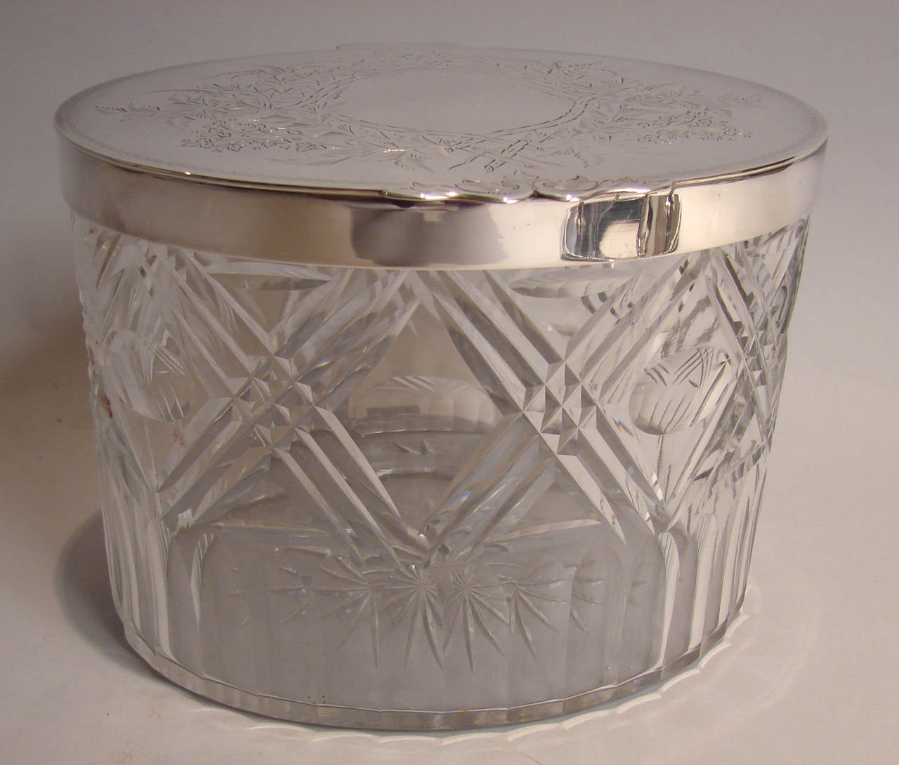English Fine Quality Signed Engine Turned Silver Plated Cut Crystal Biscuit Jar