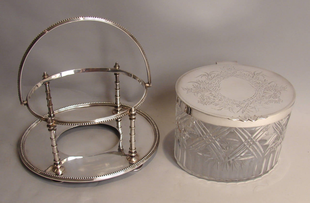 Fine Quality Signed Engine Turned Silver Plated Cut Crystal Biscuit Jar