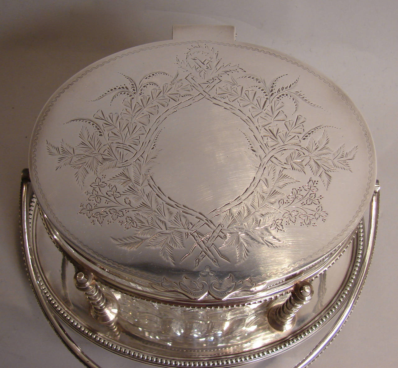 Victorian Fine Quality Signed Engine Turned Silver Plated Cut Crystal Biscuit Jar