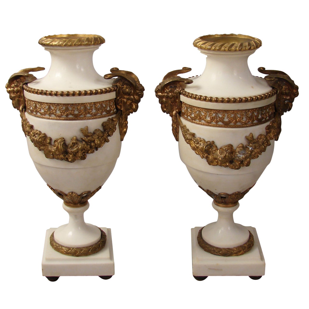 Pair of Louis XVI Style Ormolu-Mounted Marble Urns