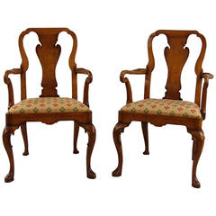 Antique Pair of Queen Anne Style Walnut Armchairs
