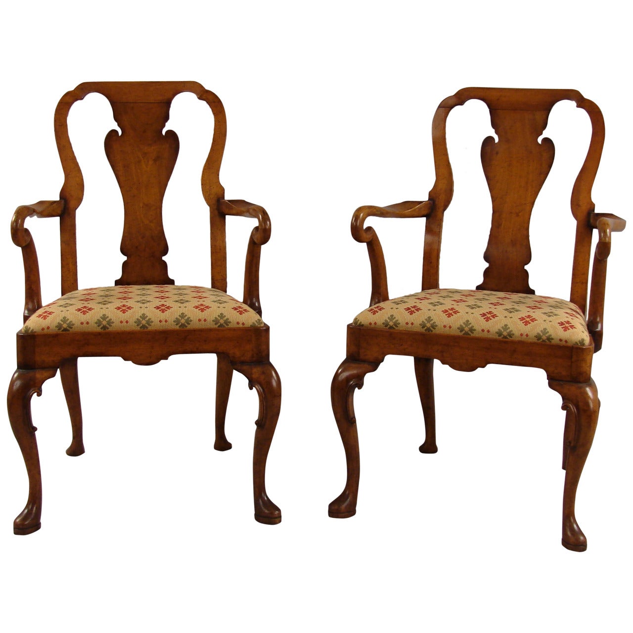 Pair of Queen Anne Style Walnut Armchairs