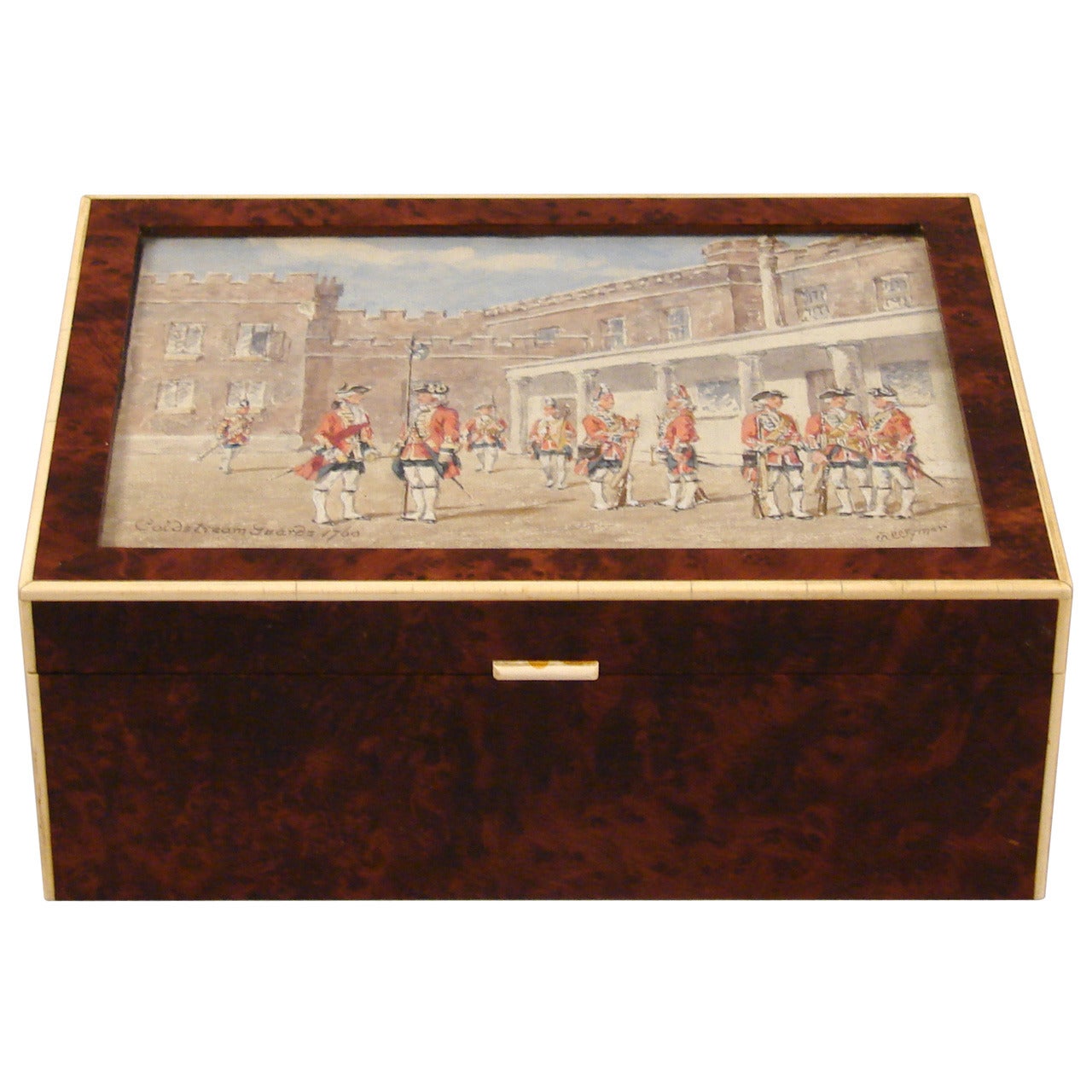 Unusual Thuya Wood Ivory Mounted Box with Original Watercolor Painting