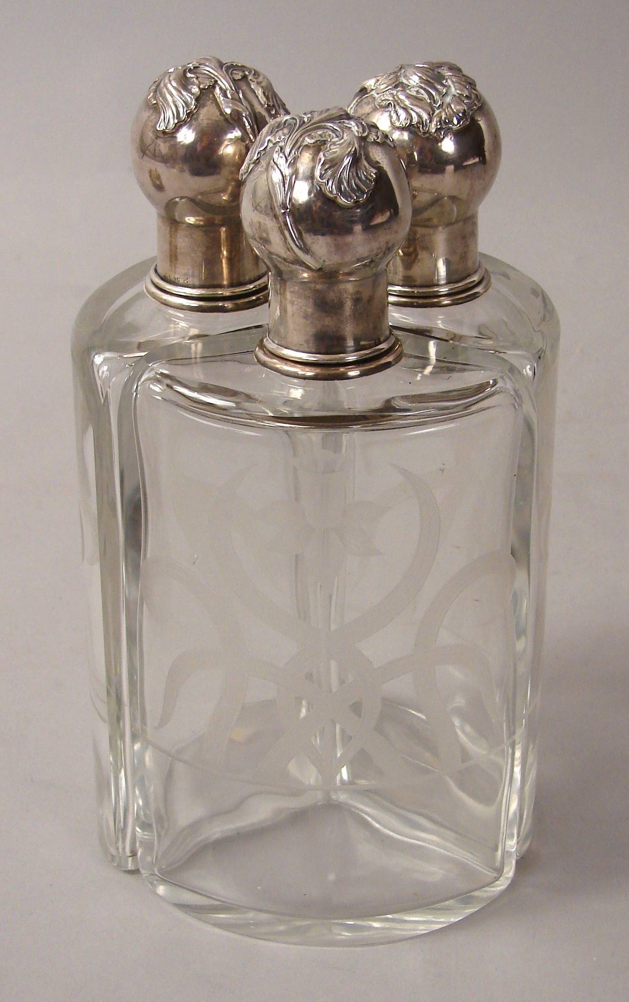 Rare Art Nouveau Three Bottle Decanter Set by Shreve & Co., San Francisco