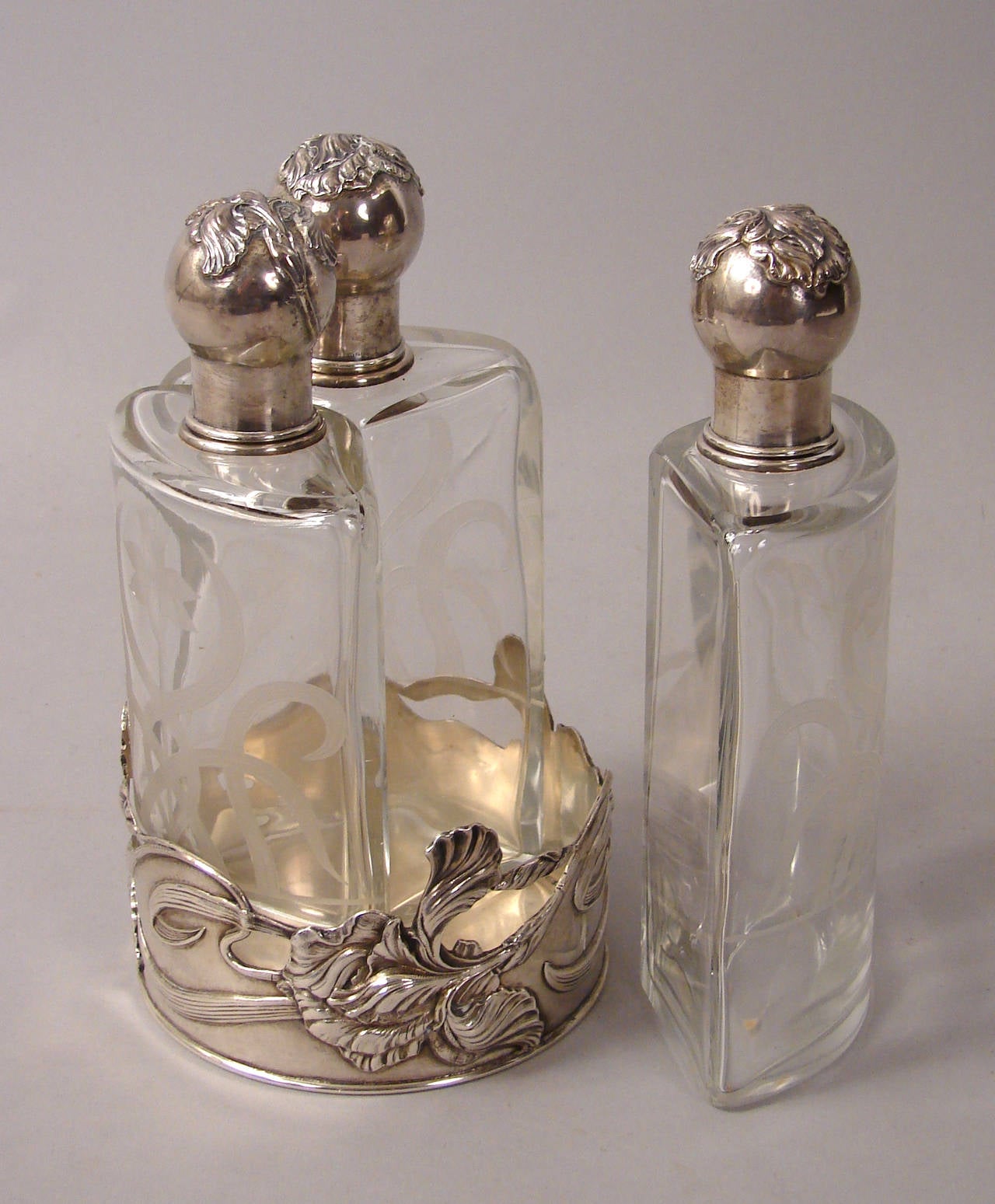 American Rare Art Nouveau Three Bottle Decanter Set by Shreve & Co., San Francisco