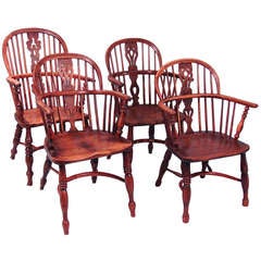 Assembled Set of 4 Lowback Yew Wood Windsor Armchairs