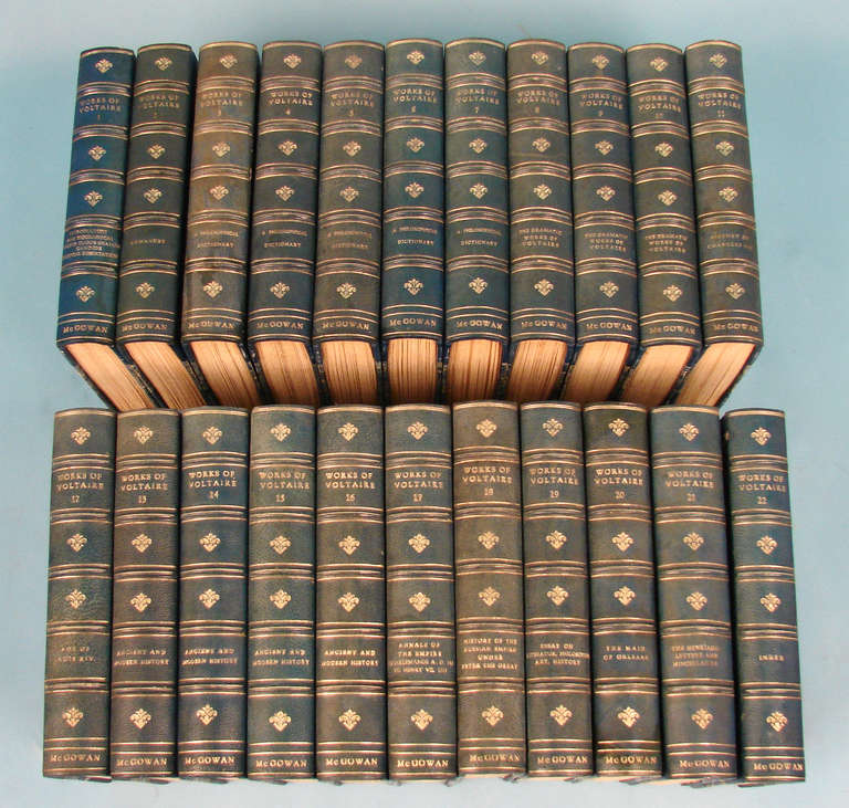 Works of Voltaire, 22 Volumes, Arouet Ltd. Edition, Blue Leather Bindings