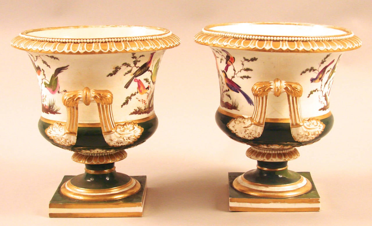 Neoclassical Pair of Bloor Bird Decorated Campagna Form Urns