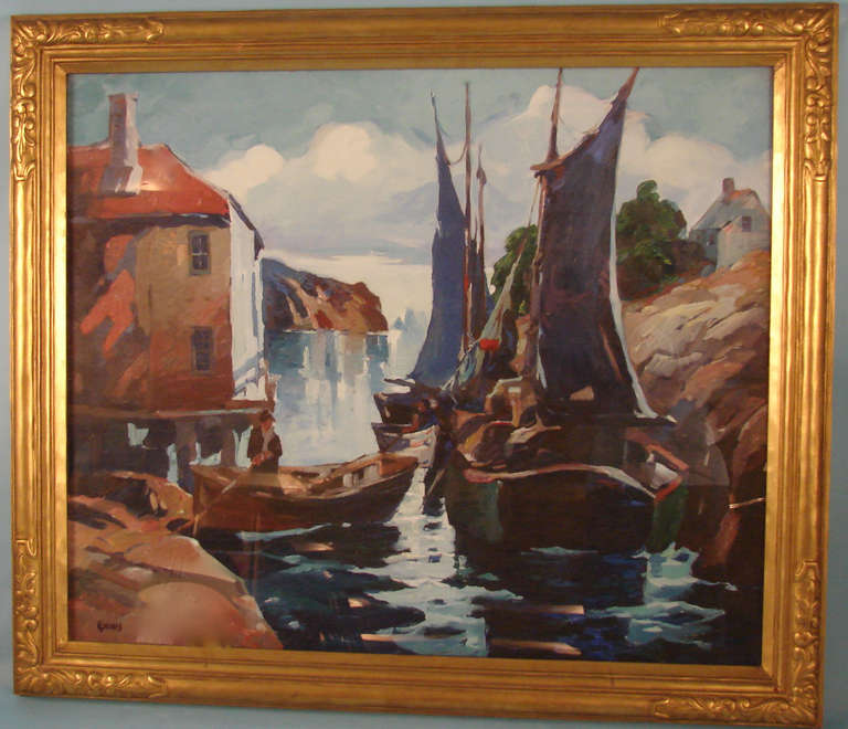 A fine and large well-painted oil on canvas of a harbor scene titled on the back 