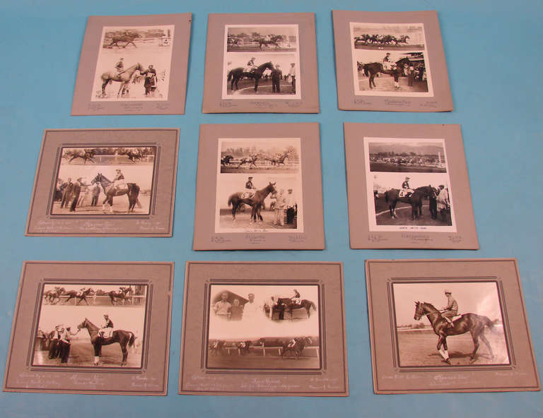 A collection of 10 original mounted horse racing photos with descriptions and 
and text identifying the owner, the horse, jockey and track. Dated 1930's.
California racetracks including Santa Anita. Provenance: From the estate of a Hollywood