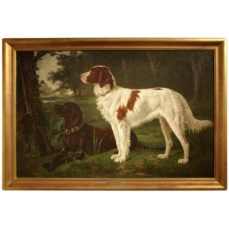 Large Oil on Canvas of Hunting Dogs at 1stDibs