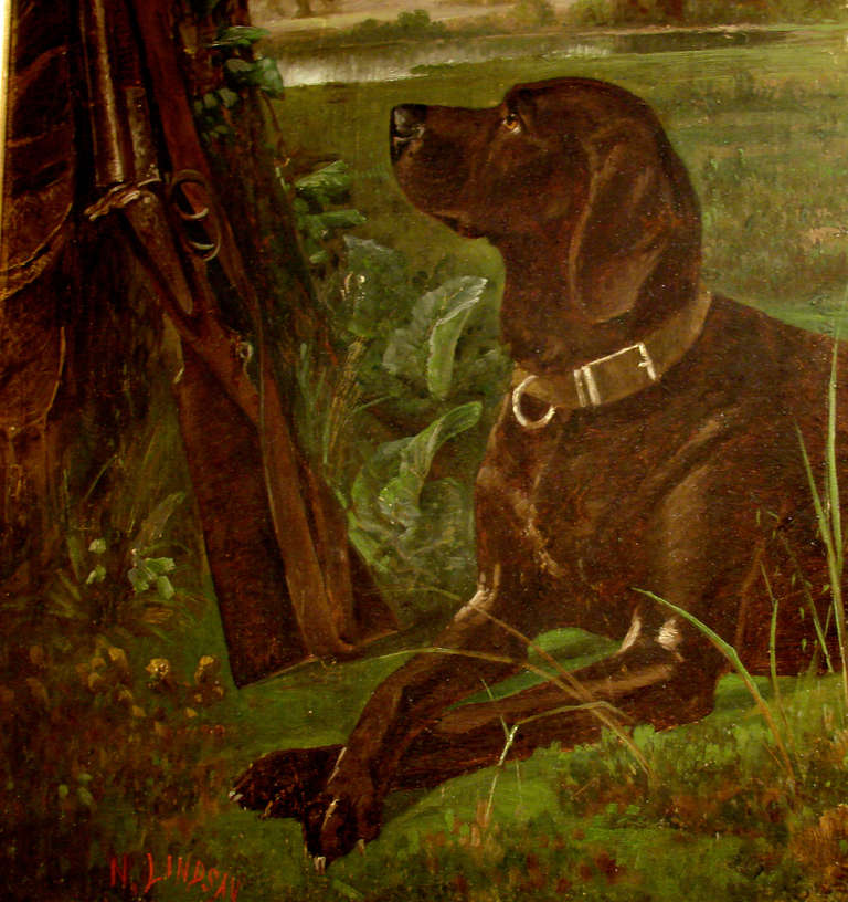 19th Century Large Oil on Canvas of Hunting Dogs