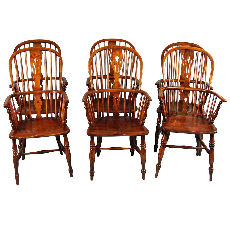 Assembled Set of 6 English Windsor Highback Armchairs