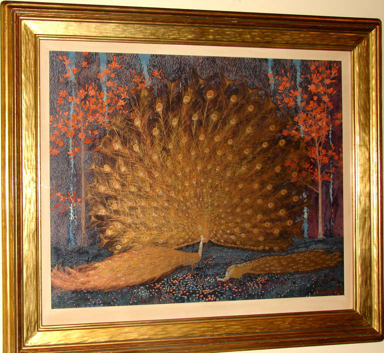 A large and elegant watercolor and gouache heightened with gold leaf painting depicting peacocks in the forest signed lower right Jessie Arms Botke. Botke is a well-known listed painter, muralist, illustrator and printmaker born in  Chicago,