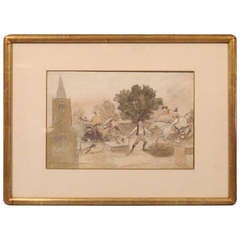 English Watercolor Caricature of a Riding Scene