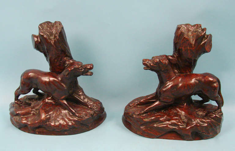 Victorian Pair of Carved Wooden Dogs on Later Faux-Grained Brackets
