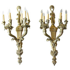 Antique Pair of French Louis XVI Style Gilt Brass Sconces of Large Scale