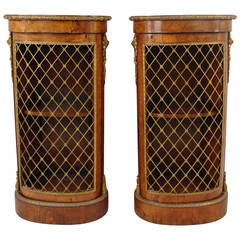Pair of English Burl Walnut Gilt Metal Mounted Side Cabinets