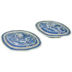 Pair of Chinese Export Blue Canton Covered Vegetable Tureens