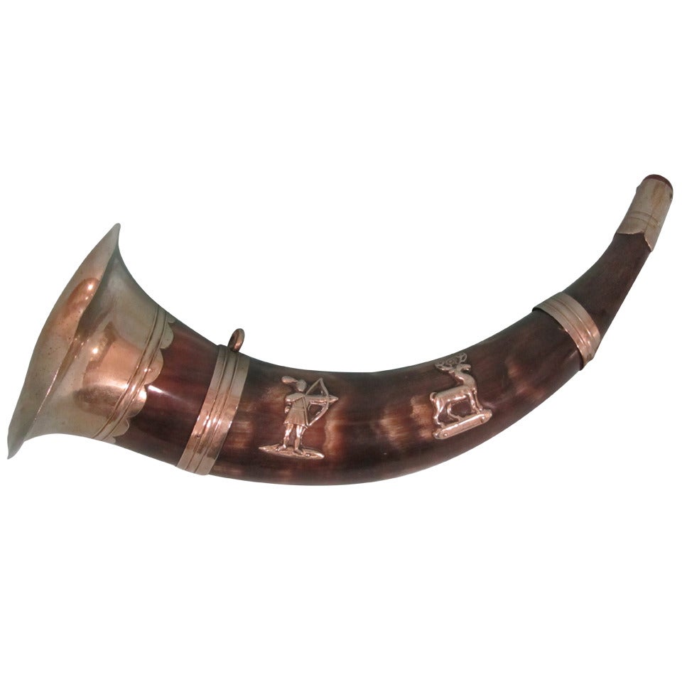 Silver Mounted Hunting Horn Indian Motif
