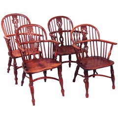 Assembled Set of 4 Yew Wood Windsor Lowback Armchairs