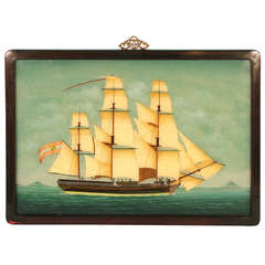 Chinese Vintage Reproduction Reverse Painting of Ship on Glass