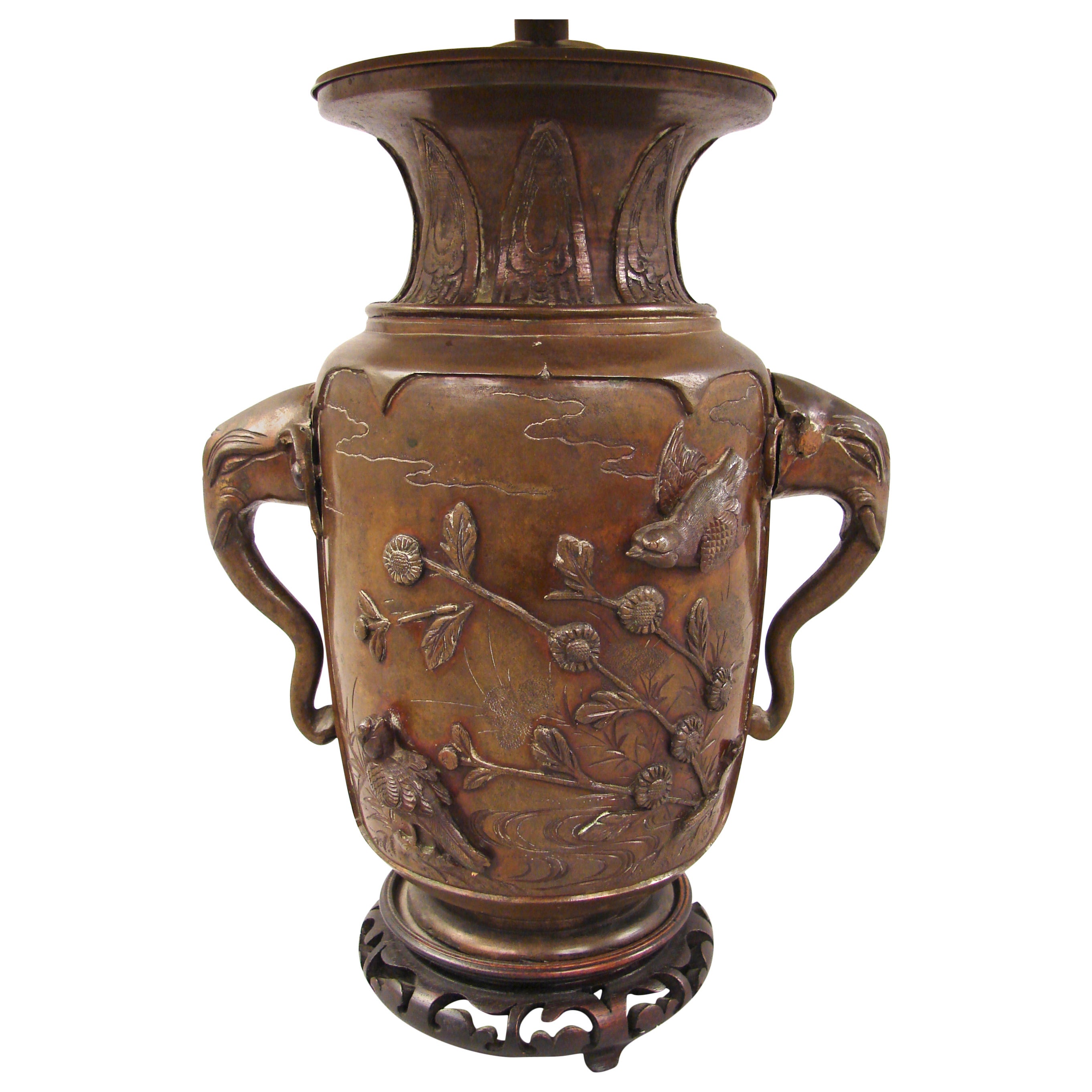 Japanese Bronze Vase with Elephant Head Handles now Electrified