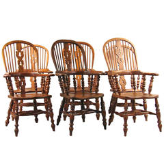 Antique Assembled Set of Six English Broad Arm, High Back Windsor Chairs