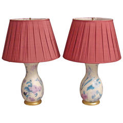 Pair of Decalcomania Glass Lamps with Pleated Silk Shades