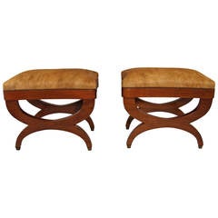 Pair of Neoclassical Style Walnut Stools by Posse, Los Angeles